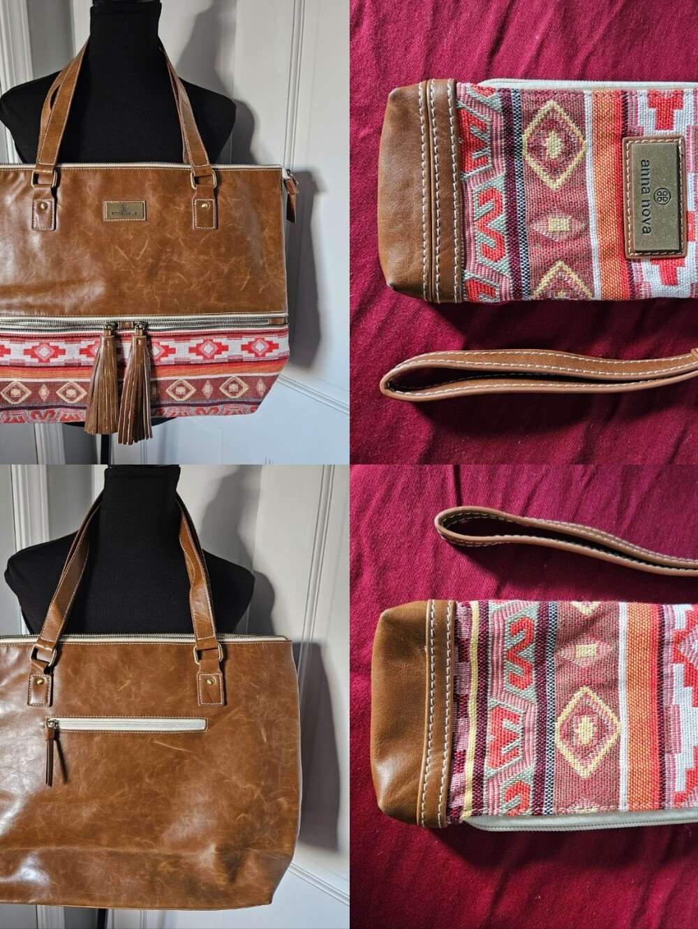 Aztec Boho 2-Piece Purse Set Tote Handbag & Wristlet Tribal Print Brown